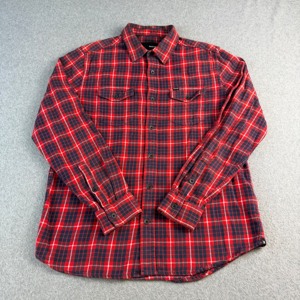 Hurley Mens S Red Navy Blue Plaid Flannel Button Down Shirt Skate Surf Grunge